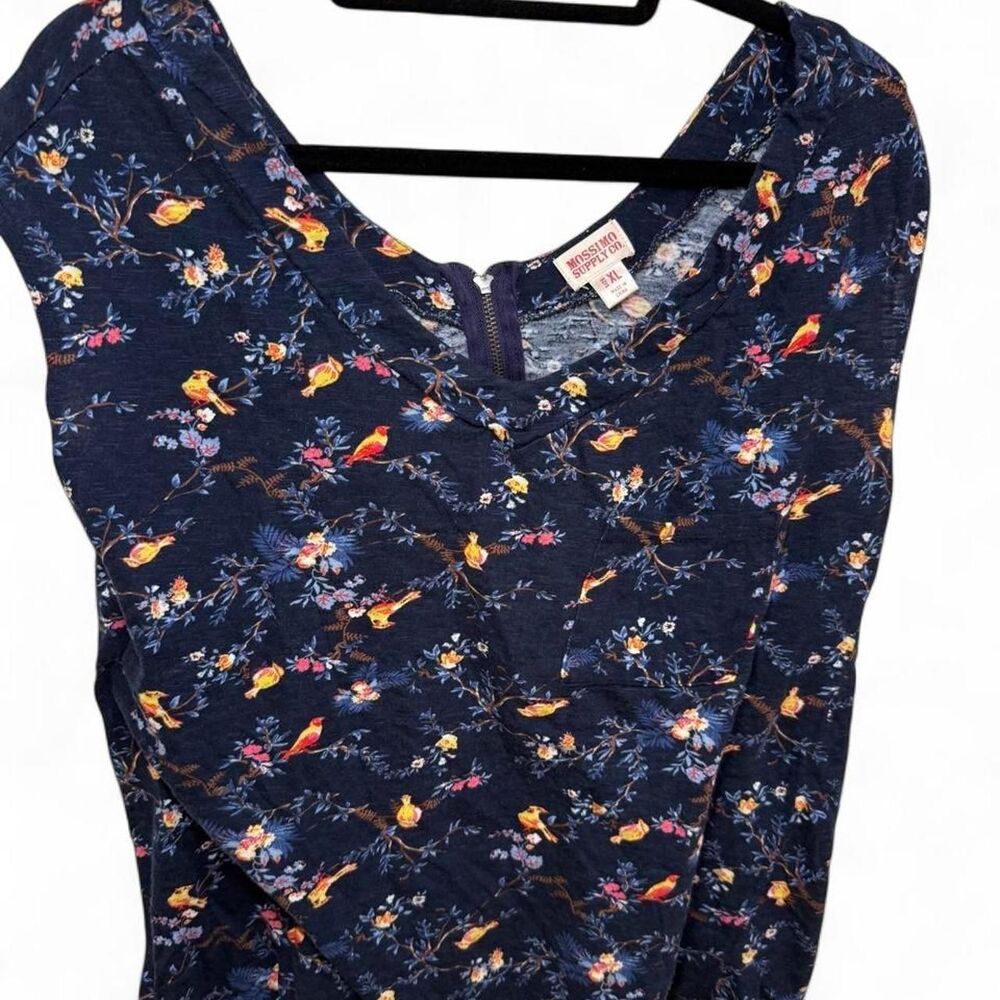 Mossimo Women's Vintage 2000s Dark Blue Unique Short Sleeve Bird Print Top